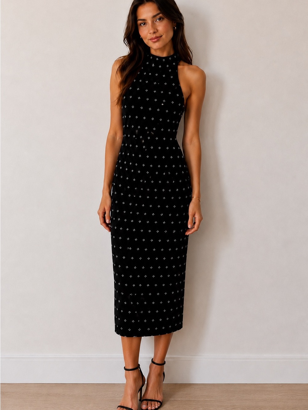 Badgley Mischka Black Halter Midi Dress with Subtle Silver Dot Pattern